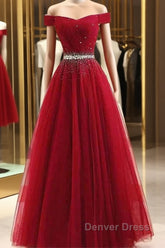 A-Line Off The Shoulder Red Tulle Prom Dresses Evening Dresses With Beading,